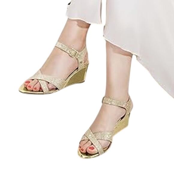 Pizz Annu Womens Size 8 Glitter Gold Wendy 2.5" Wedge Heel Ankle Strap Shoes - Picture 2 of 7